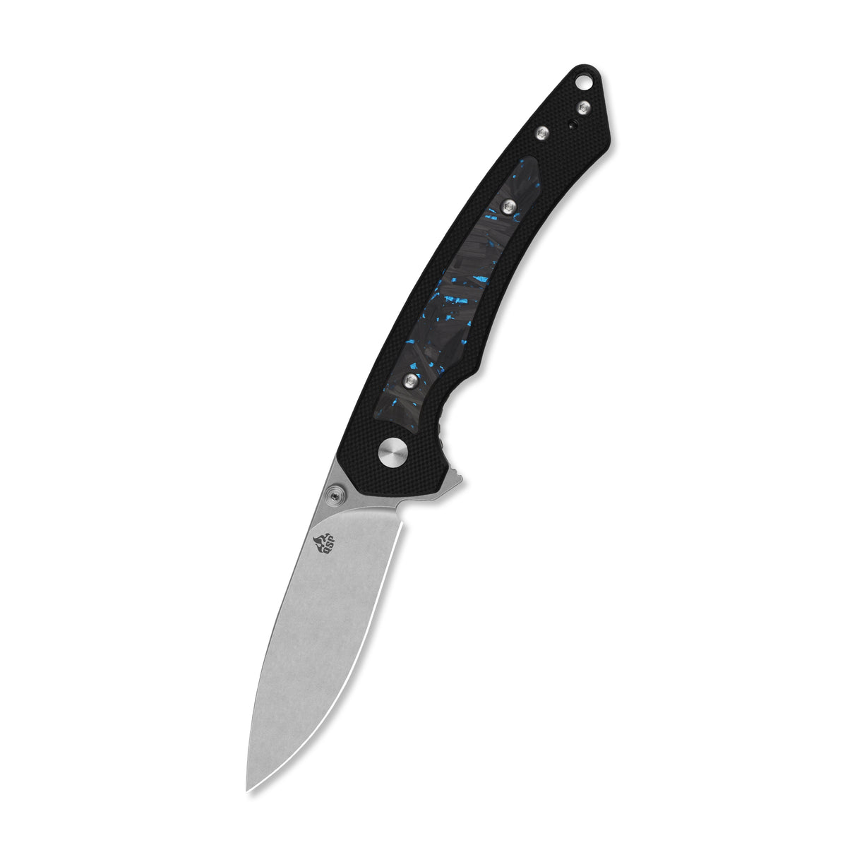 QSP Peregrine Liner Lock Pocket Knife 10Cr15MoV Blade Blue Shredded CF inlay Black G10 handle