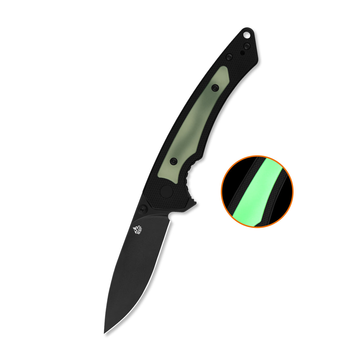 QSP Peregrine Liner Lock Pocket Knife 10Cr15MoV blade Glow-in-the-Dark G10 inlay Black G10 handle