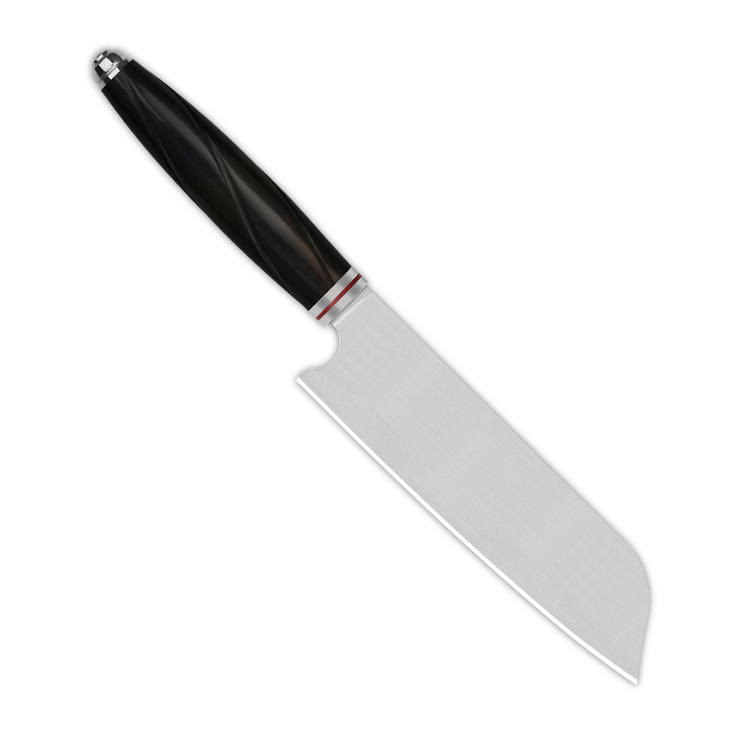 QSP Mulan Series Santoku knife with 14C28N blade and ebony wood handle.