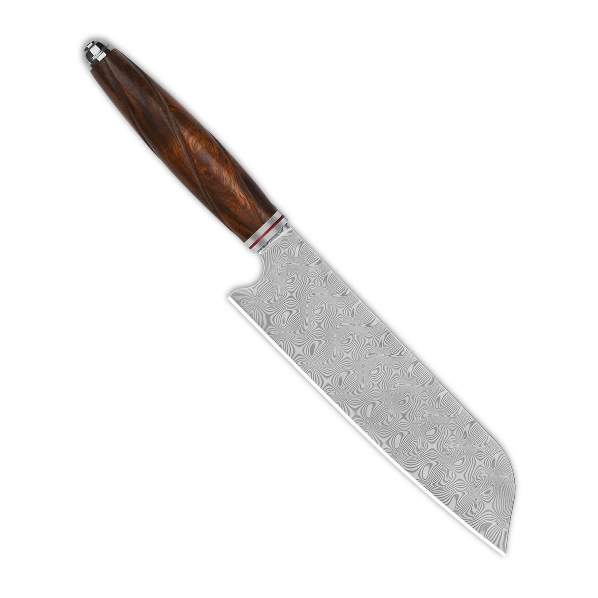 QSP Mulan Series 7'' Santoku knife with desert iron wood handle and Damascus blade.