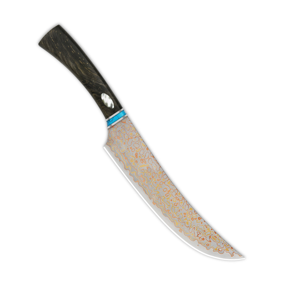 Elegant butcher knife with brass copper damascus blade and stabilized wood handle