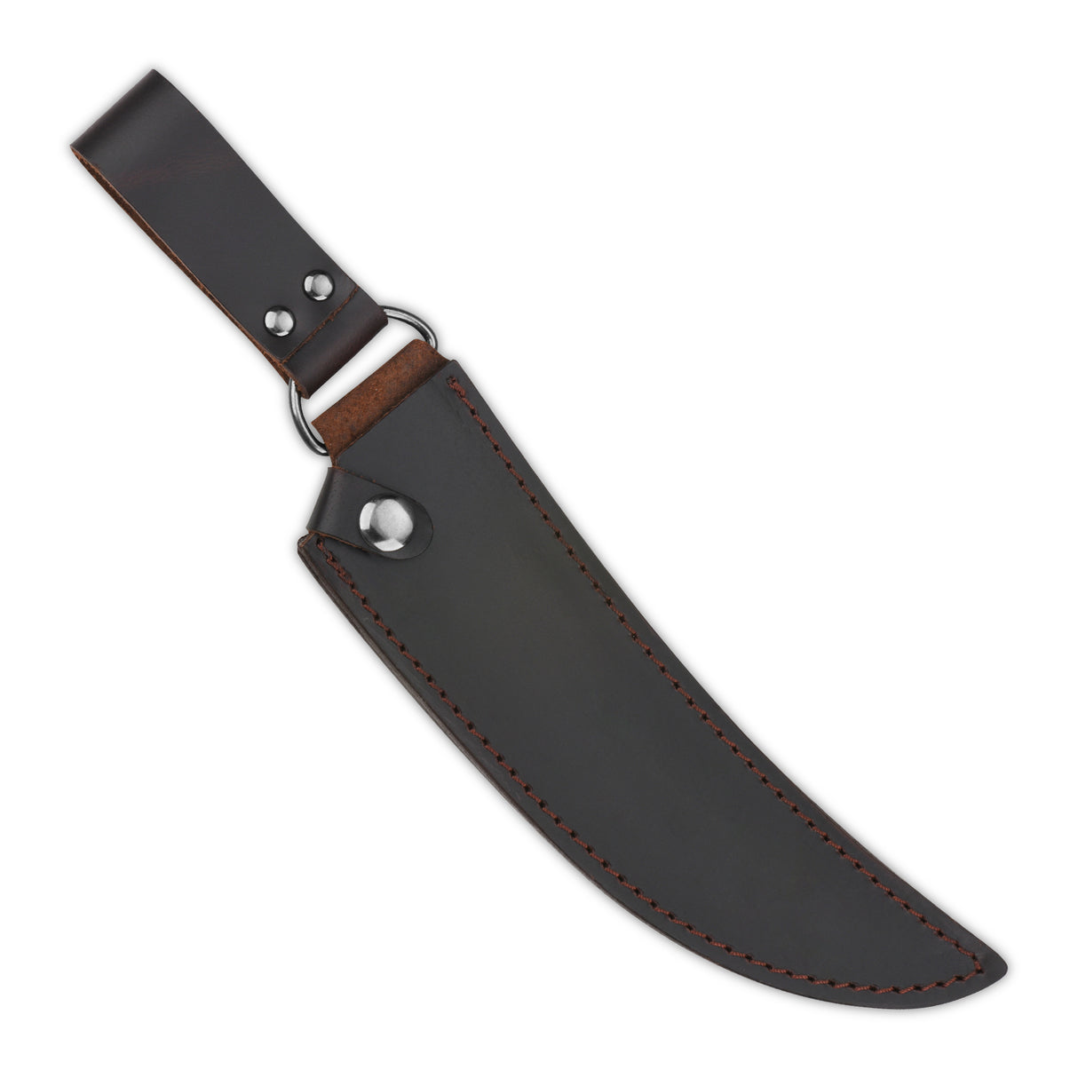 Curved leather sheath for QSP butcher knife with strap and metal snap closure.