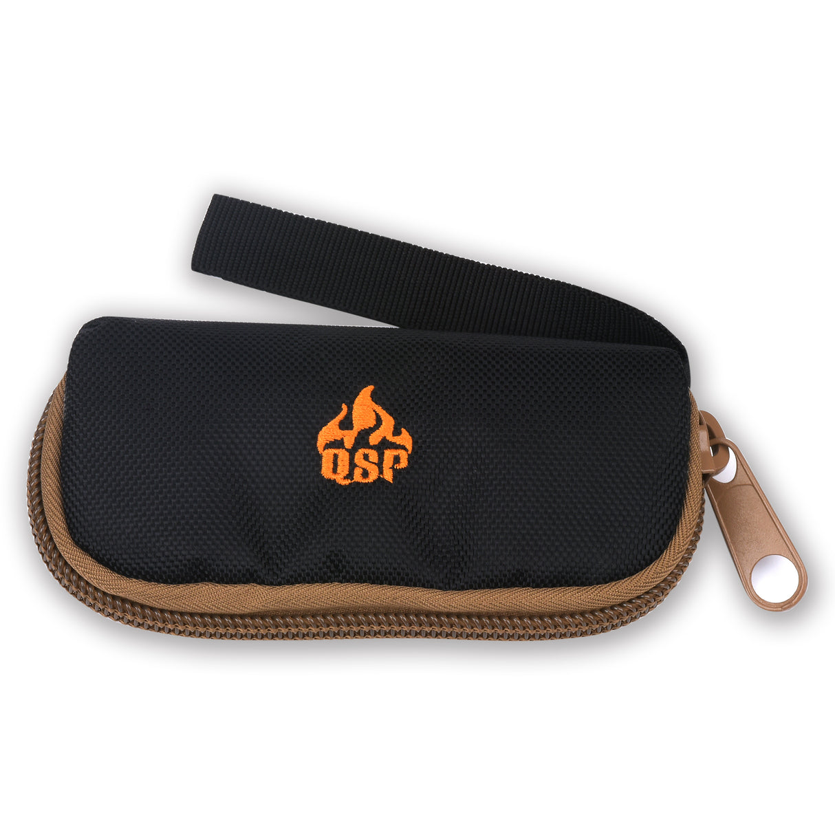 Black pouch with orange QSP logo for storing Pelican pocket knife