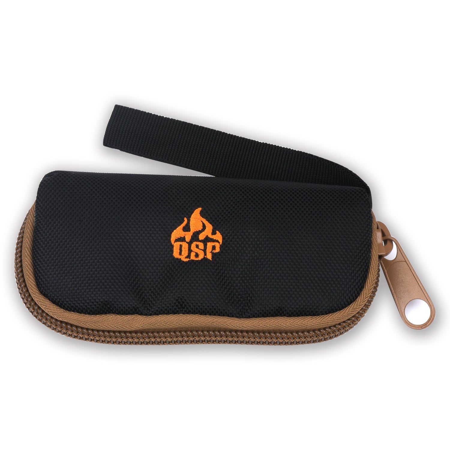 QSP black zippered knife case with orange QSP logo