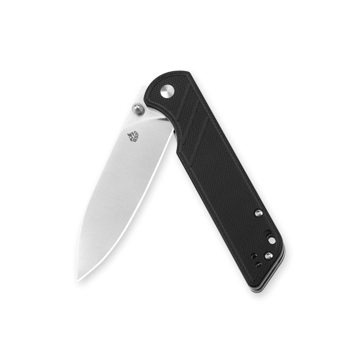 QSP Parrot pocket knife featuring a sleek D2 steel blade and textured black G10 handle