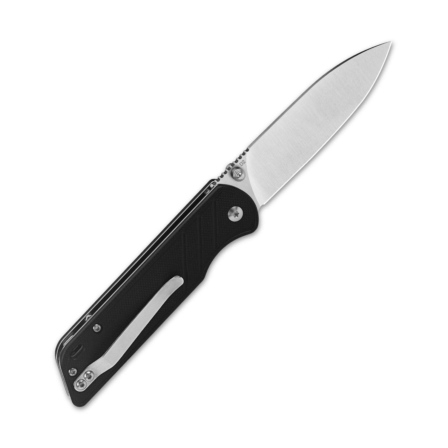 QSP Parrot pocket knife with sleek D2 blade and textured black G10 handle