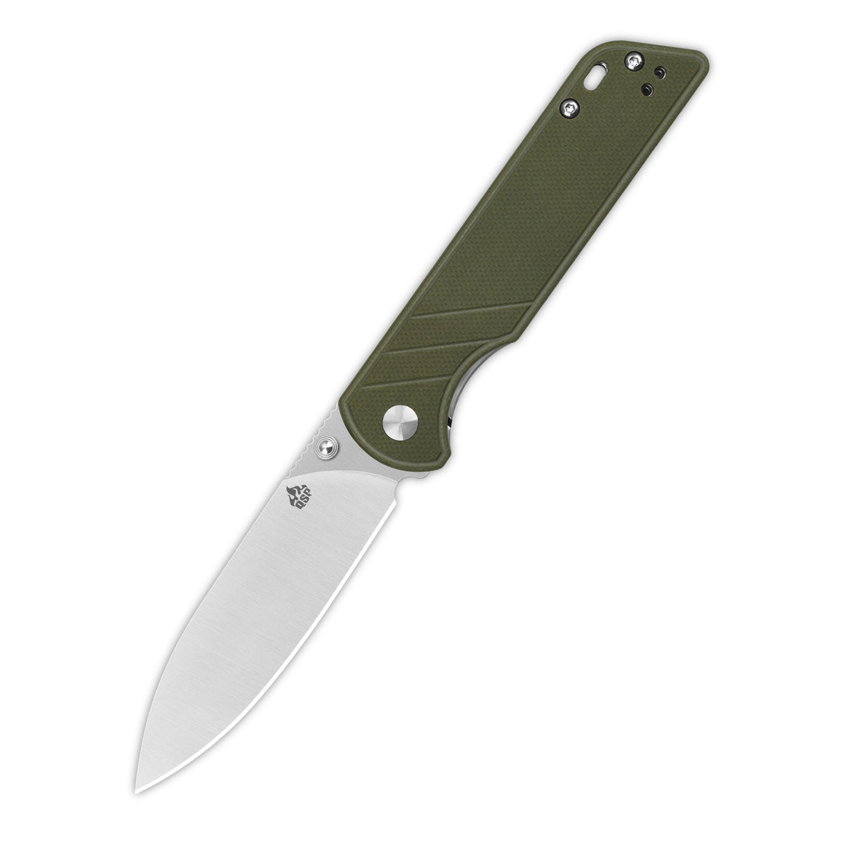 QSP Parrot V2 pocket knife opened with green G10 handle and D2 blade