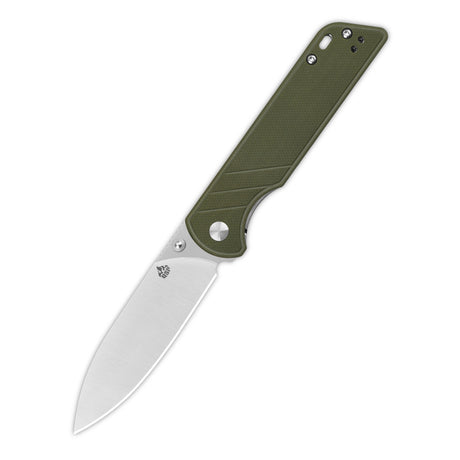 QSP Parrot V2 pocket knife opened with green G10 handle and D2 blade