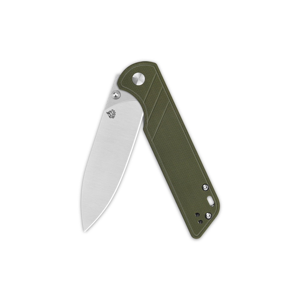 Open QSP Parrot V2 pocket knife with green G10 handle and smooth D2 blade.