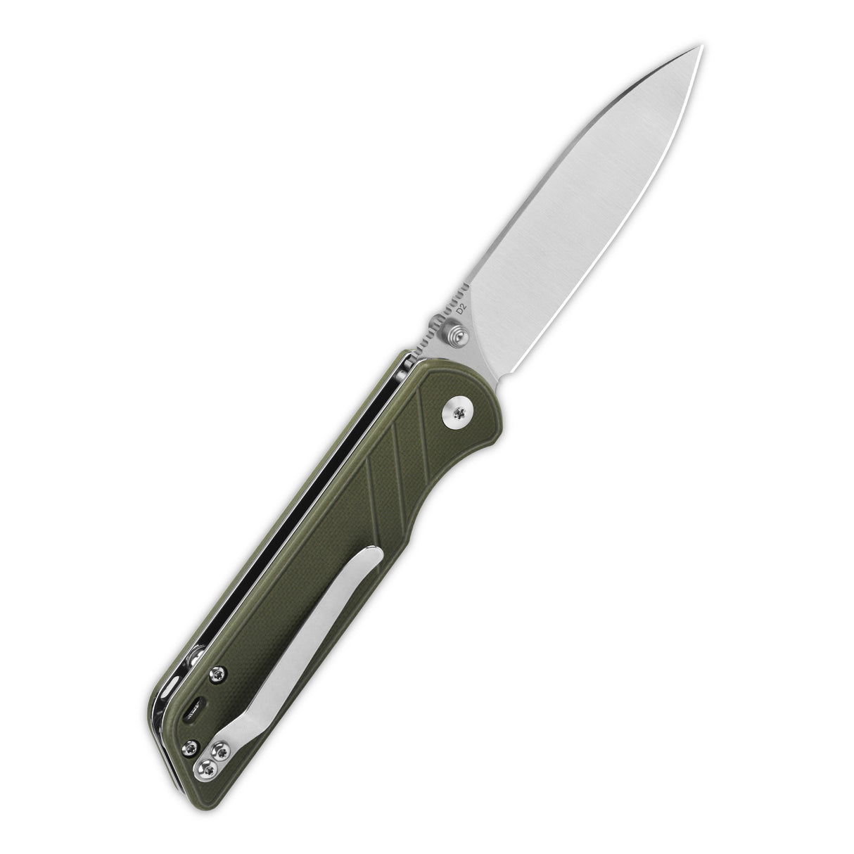 QSP Parrot V2 pocket knife with partially opened green G10 handle and D2 blade.