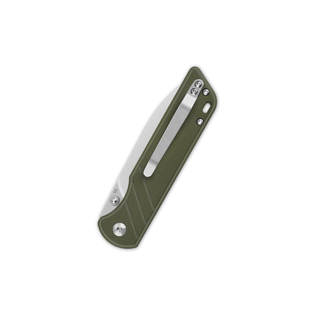 Closed QSP Parrot V2 pocket knife with green G10 handle and stainless steel clip.