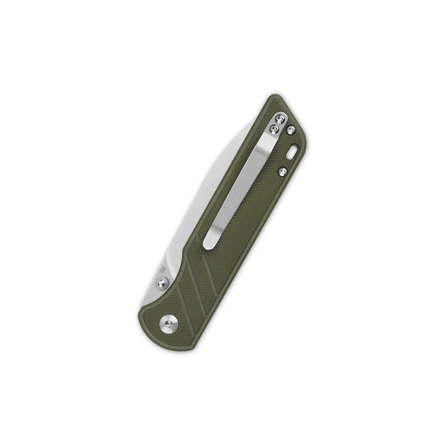 Closed QSP Parrot V2 pocket knife with green G10 handle and stainless steel clip.