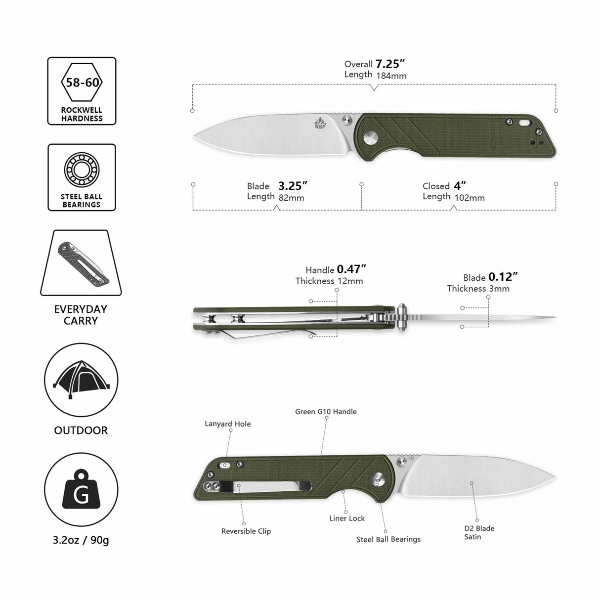 QSP Parrot V2 Liner Lock Pocket knife D2 Blade G10 Handle Ball Bearings