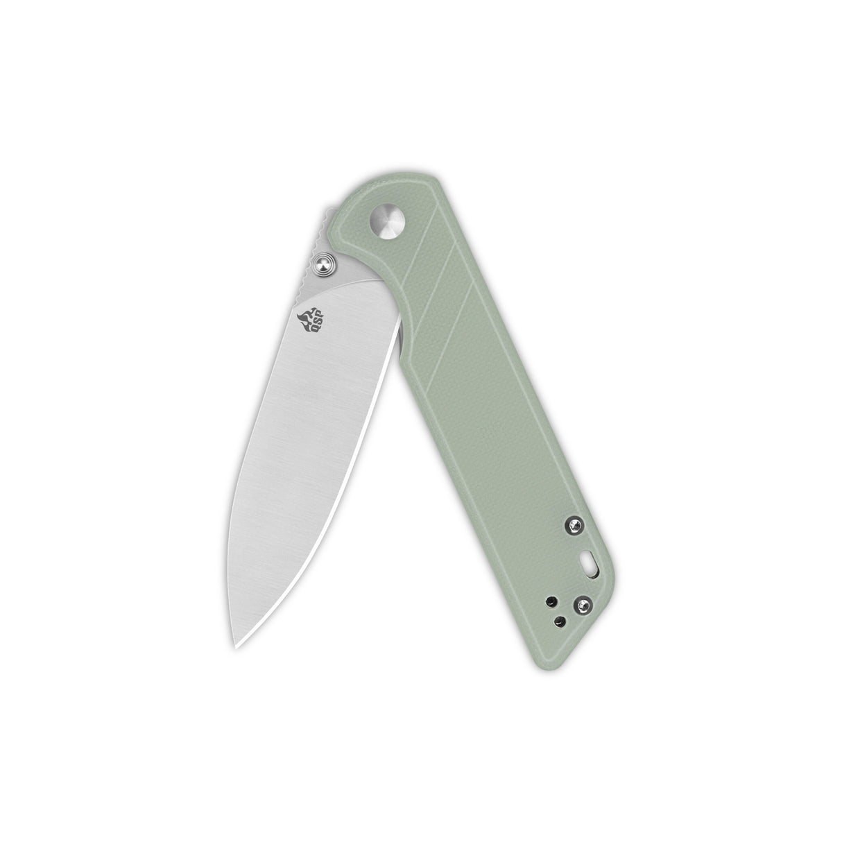 Partially opened QSP Parrot V2 knife with green G10 handle and D2 blade.