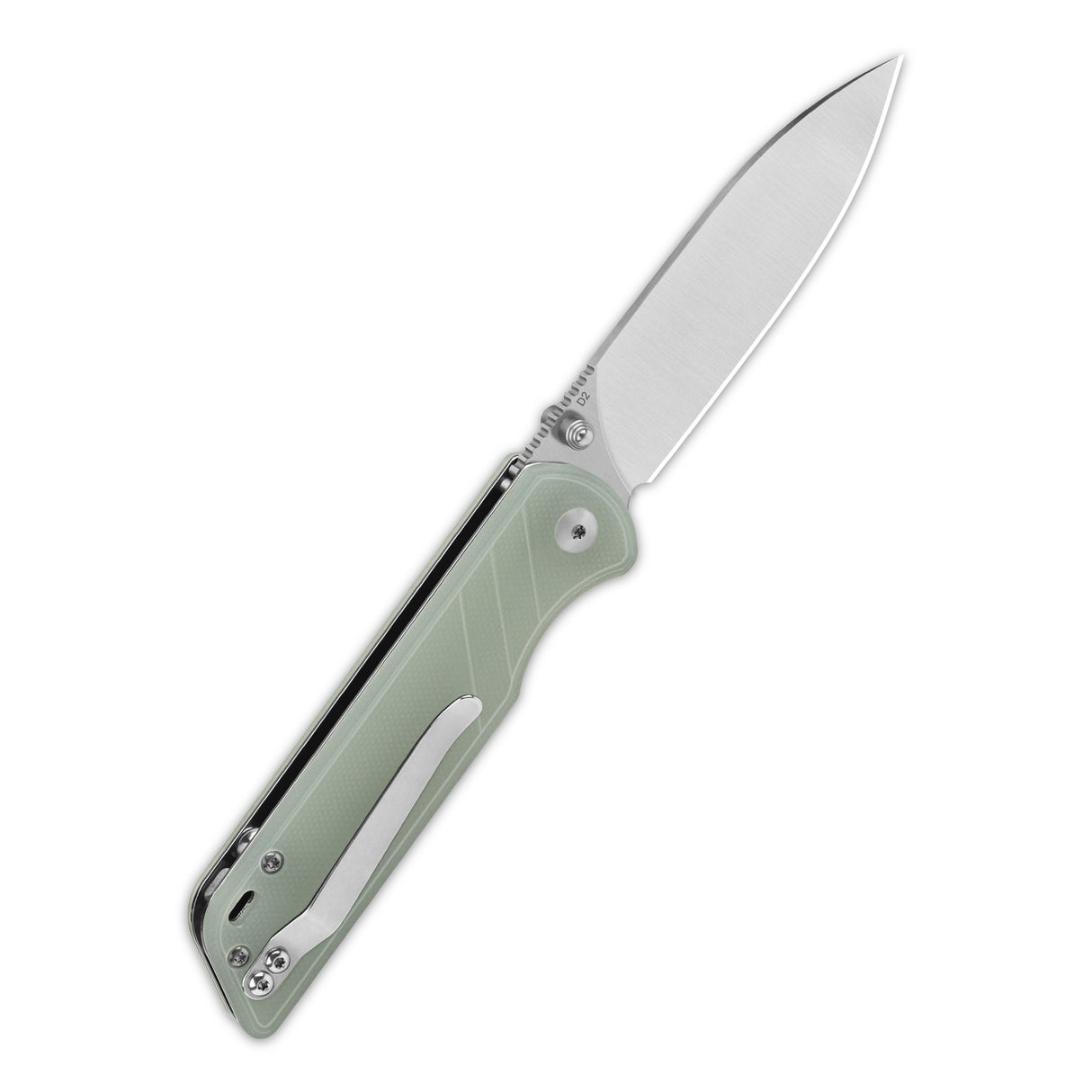 QSP Parrot V2 pocket knife with green G10 handle and D2 blade shown open.