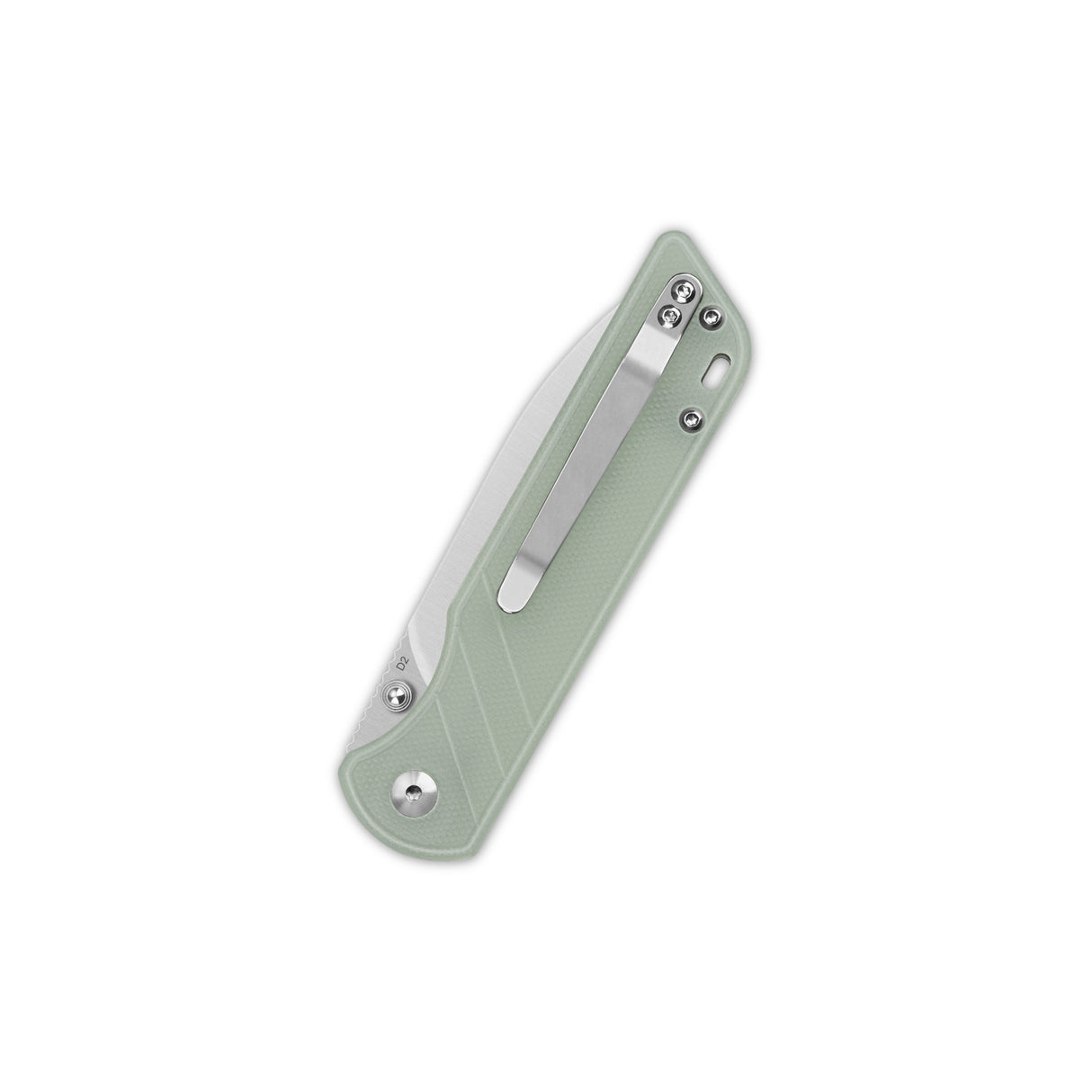 Closed QSP Parrot V2 pocket knife with green G10 handle and stainless steel clip