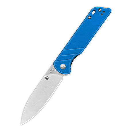 Open QSP Parrot V2 pocket knife with blue G10 handle and D2 blade.