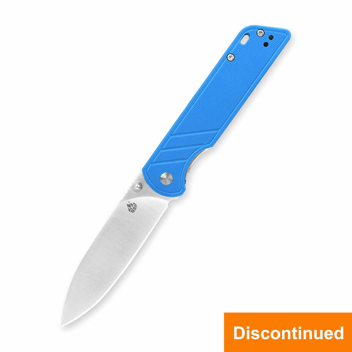 QSP Parrot blue G10 handle pocket knife with D2 steel blade, marked discontinued.