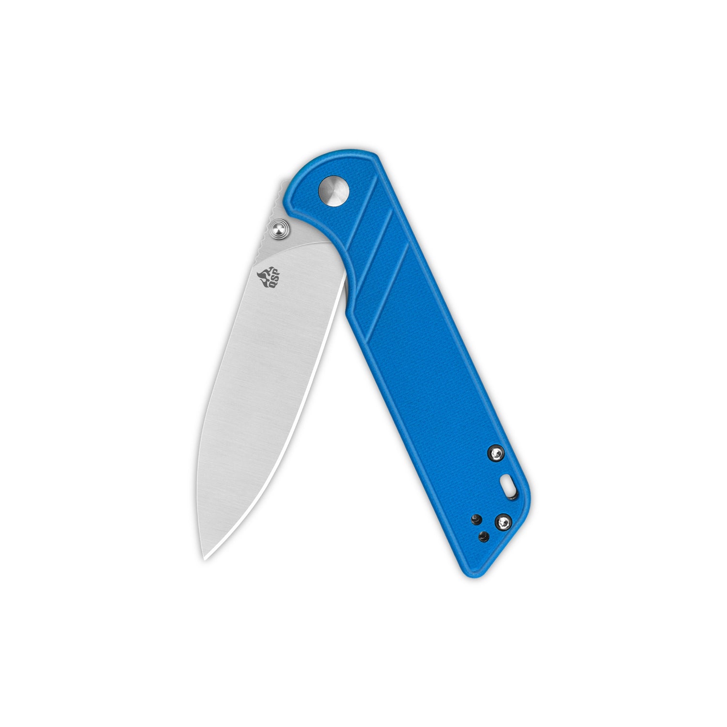 Open QSP Parrot V2 pocket knife featuring blue G10 handle and D2 blade.