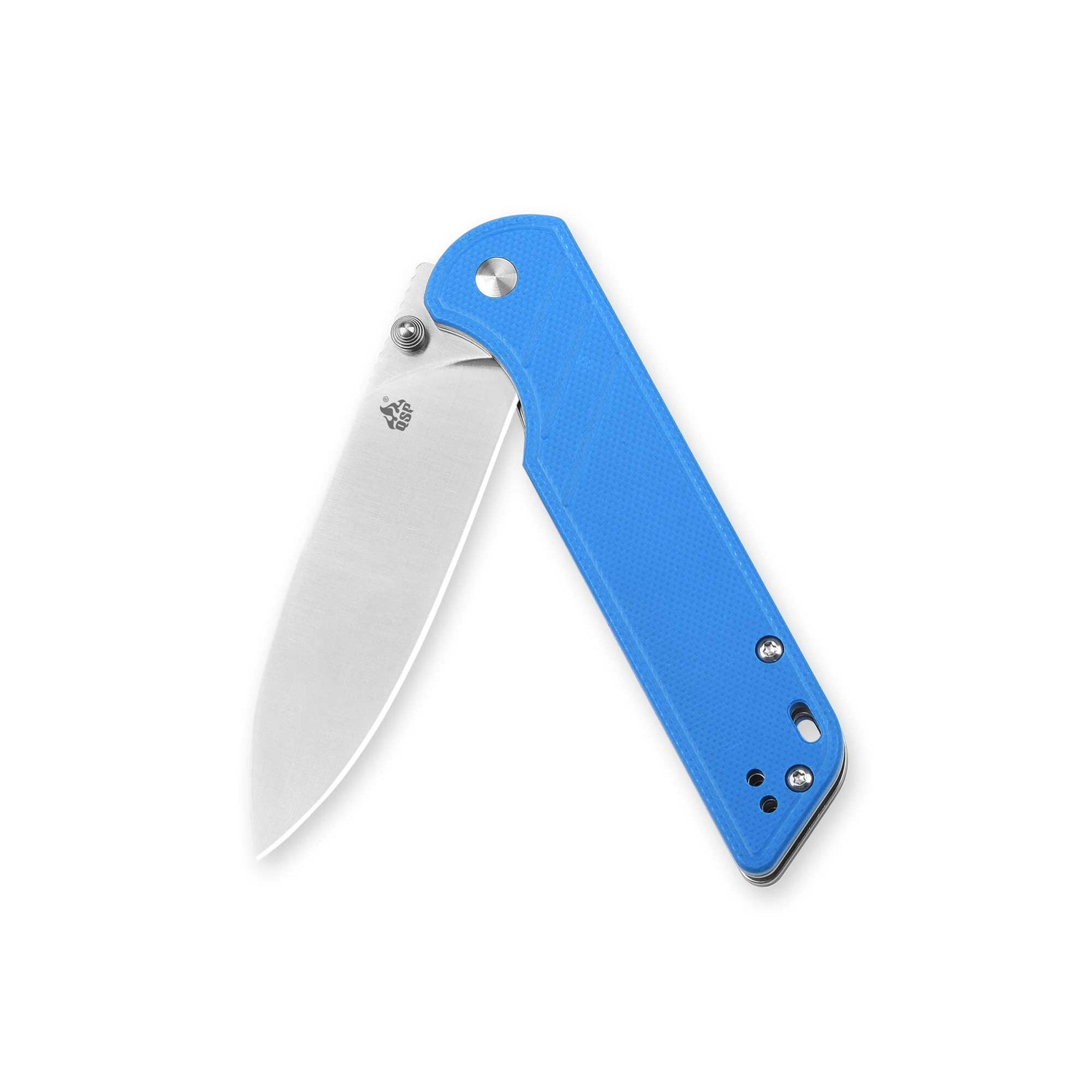 QSP Parrot pocket knife with blue G10 handle and D2 steel blade in open position