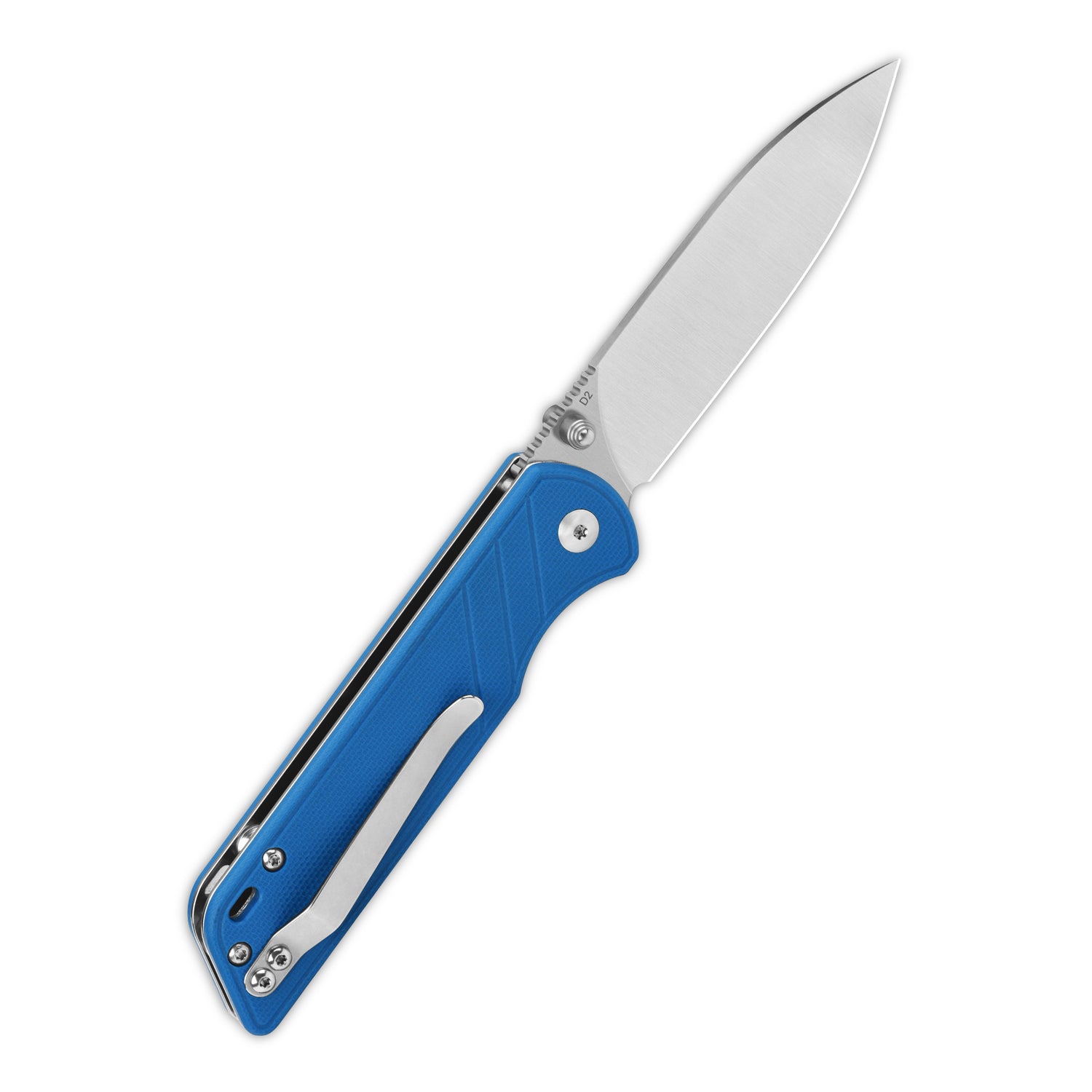 Open QSP Parrot V2 pocket knife with blue G10 handle and D2 blade.