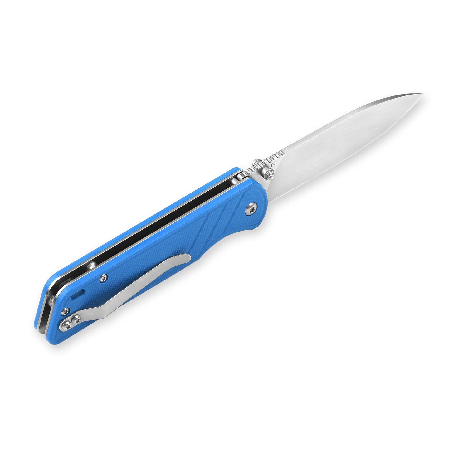 QSP Parrot pocket knife with blue G10 handle and D2 steel spear point blade
