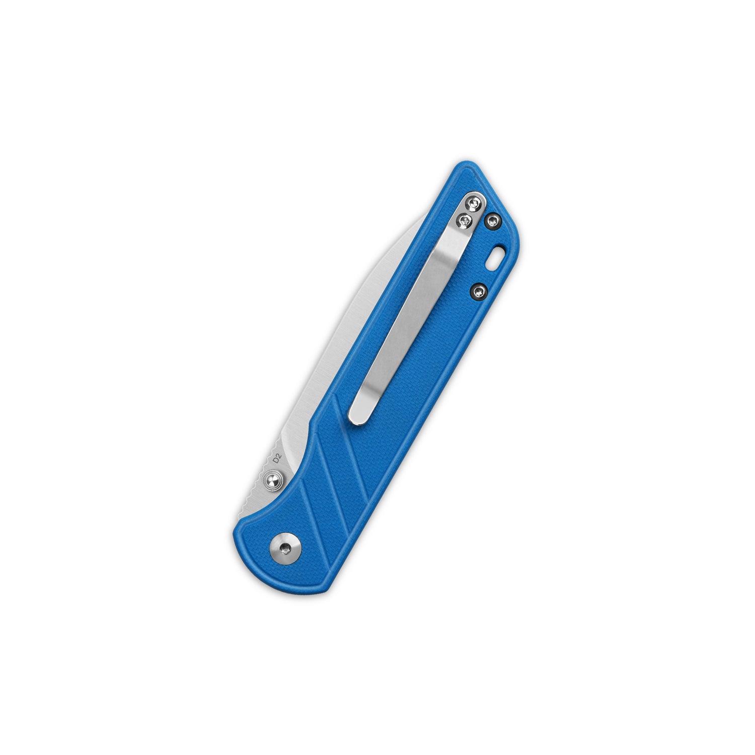 QSP Parrot V2 pocket knife with blue G10 handle and D2 blade, opened view
