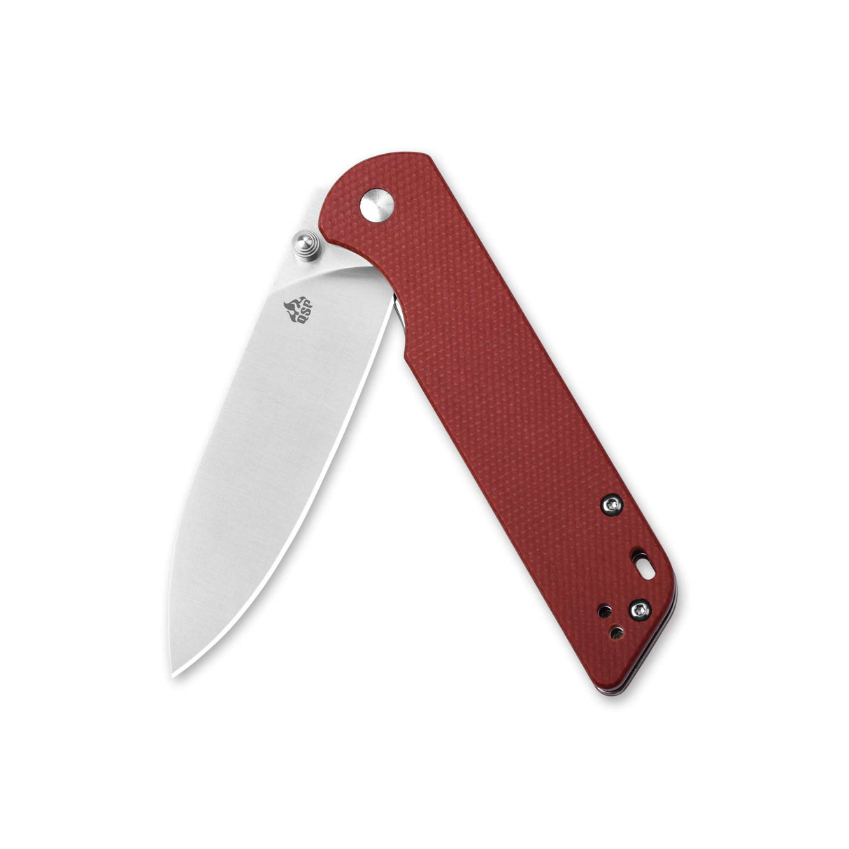 QSP Parrot pocket knife with red G10 handle and D2 steel blade, partially open.