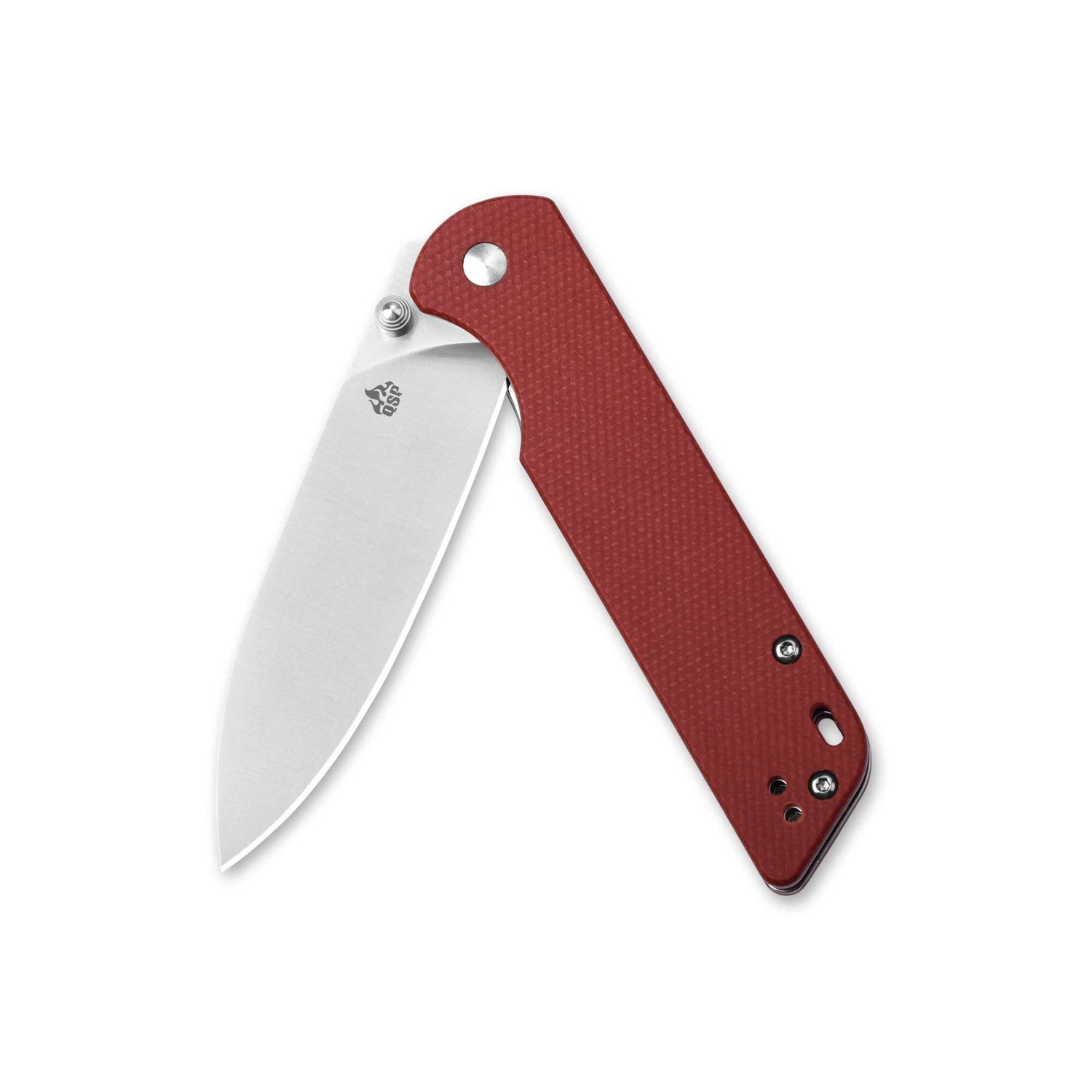 QSP Parrot pocket knife with red G10 handle and D2 steel blade, partially open.