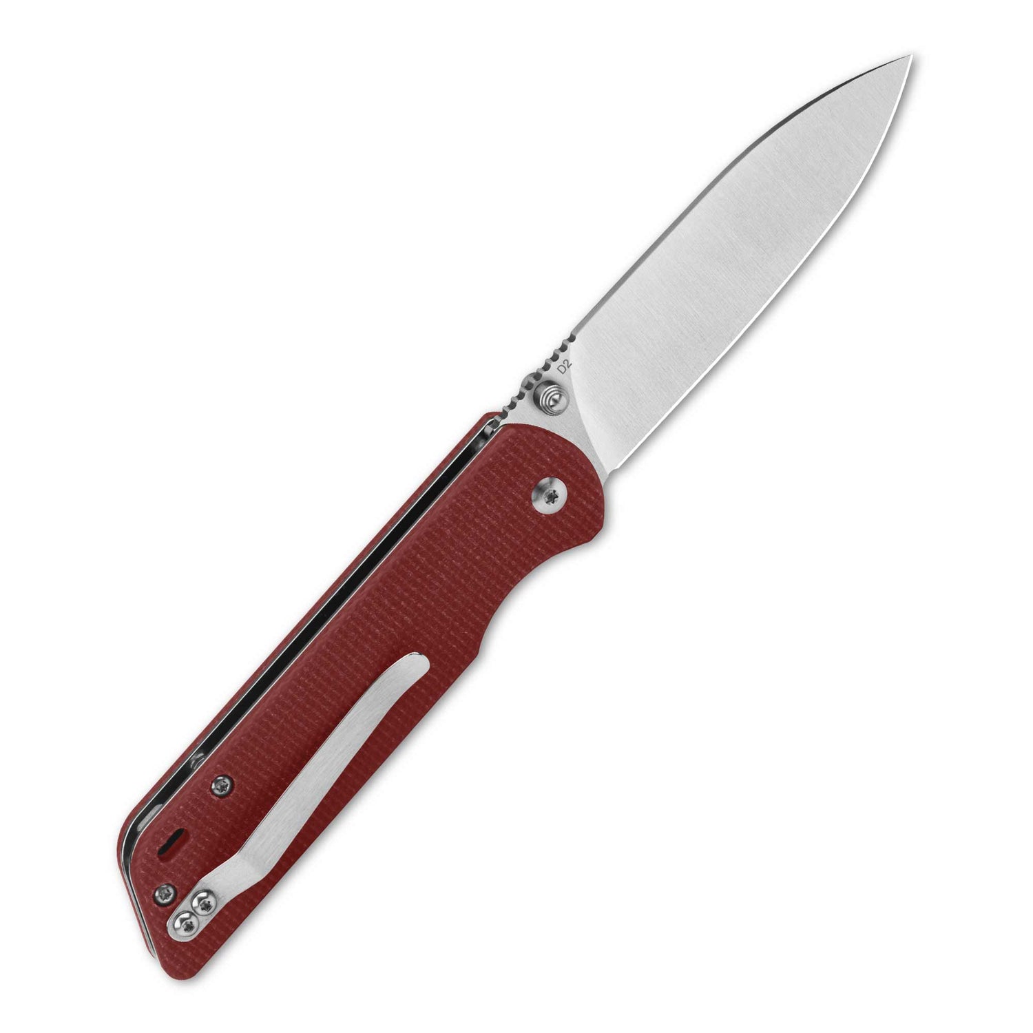QSP Parrot pocket knife with red G10 handle and D2 steel blade.