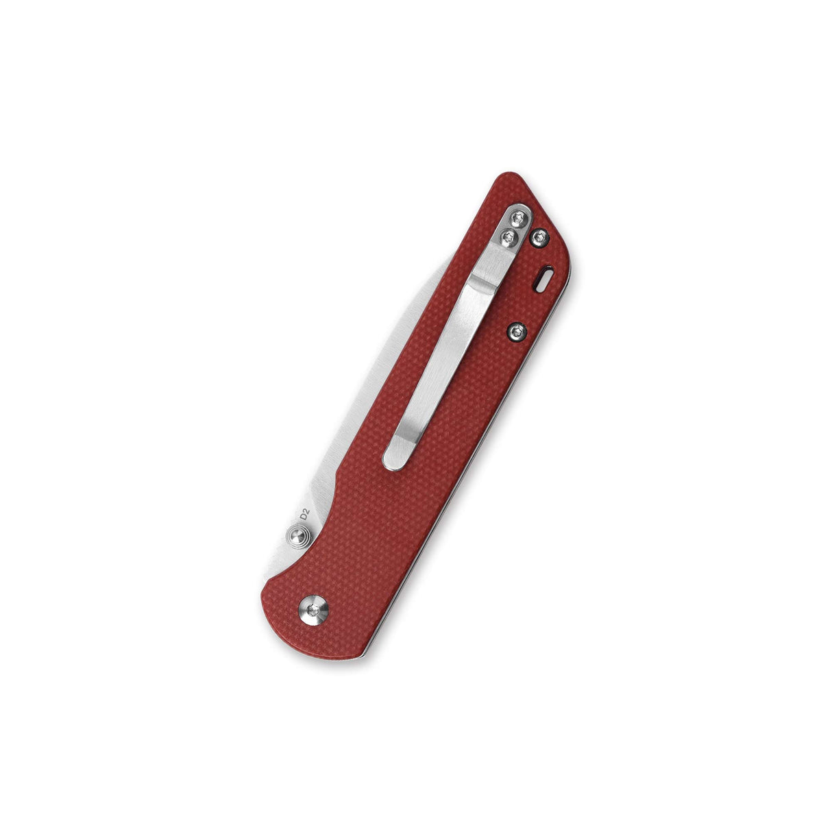 Closed QSP Parrot pocket knife with red G10 handle and stainless steel clip.