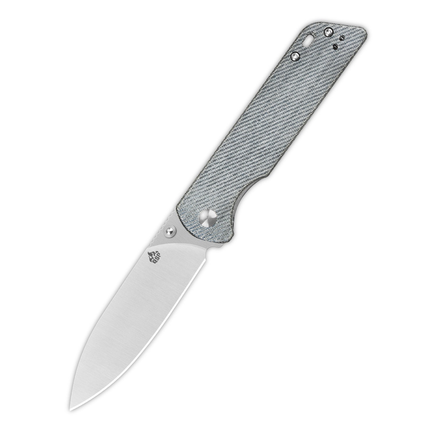 QSP Parrot V2 pocket knife with D2 blade and gray micarta handle open view.