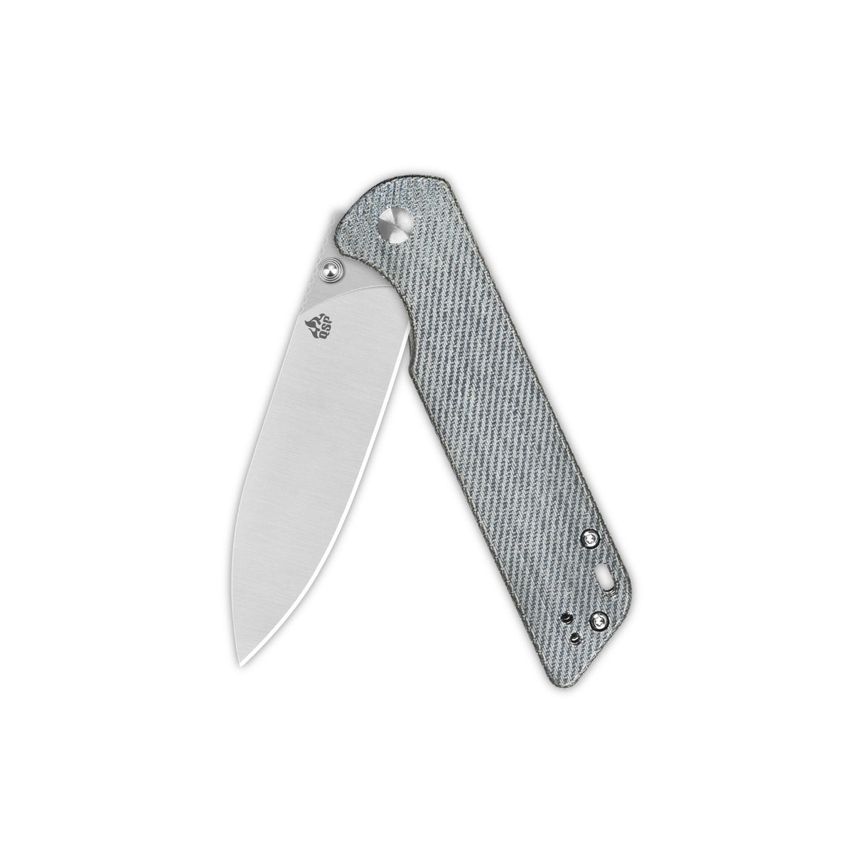 QSP Parrot V2 pocket knife with D2 blade and gray micarta handle, open view.