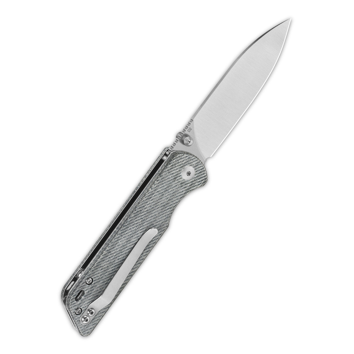 QSP Parrot V2 pocket knife with D2 blade and gray micarta handle in open position.