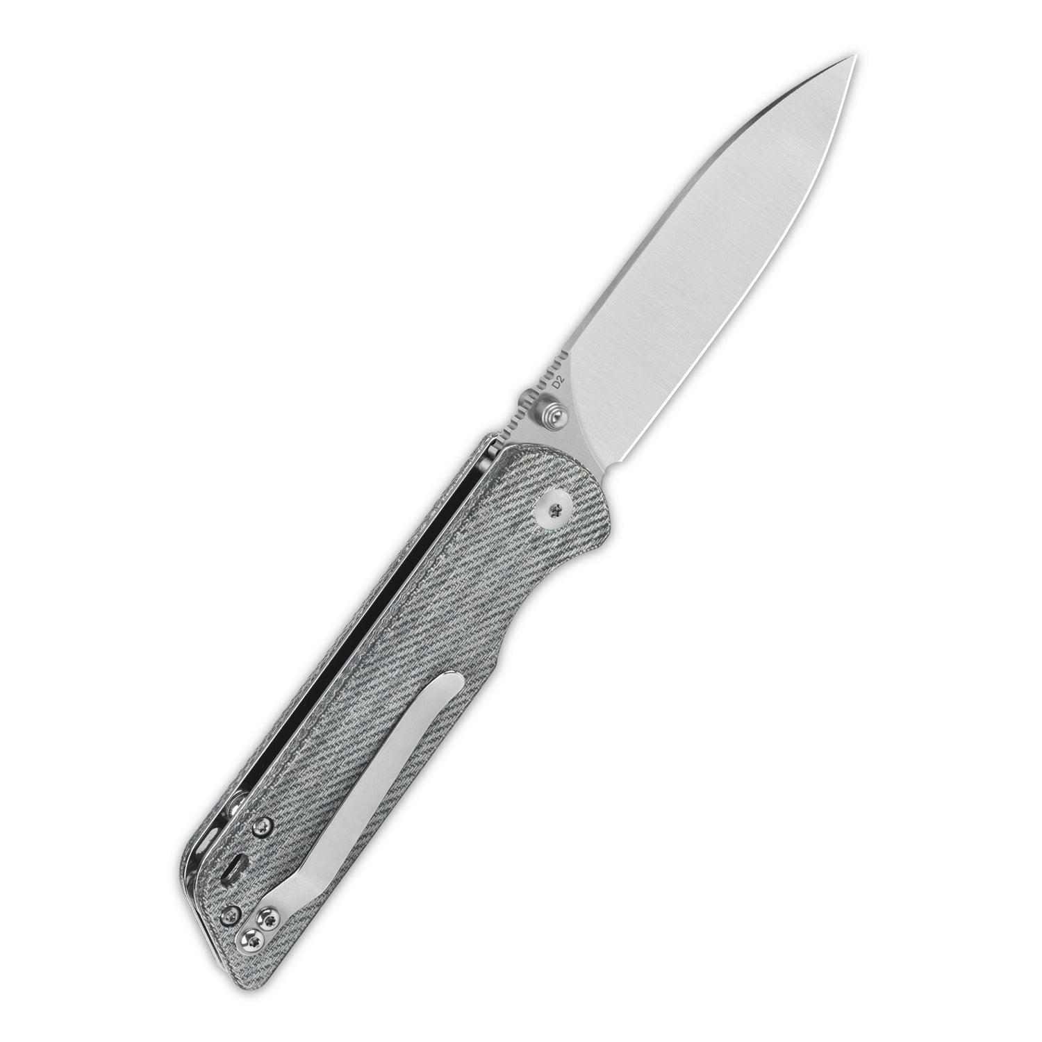 QSP Parrot V2 pocket knife with D2 blade and gray micarta handle in open position.