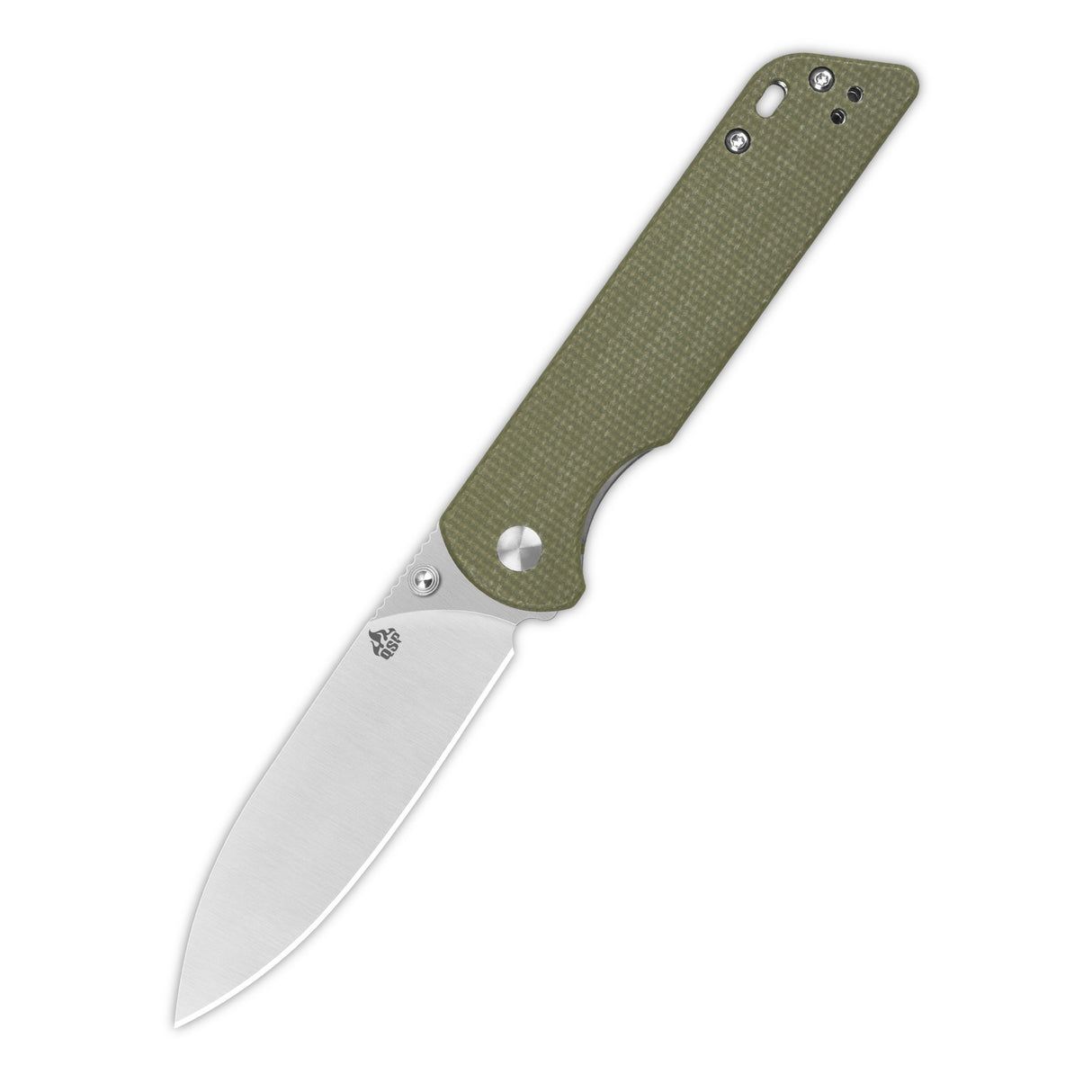 QSP Parrot V2 pocket knife with D2 blade and green micarta handle open view.