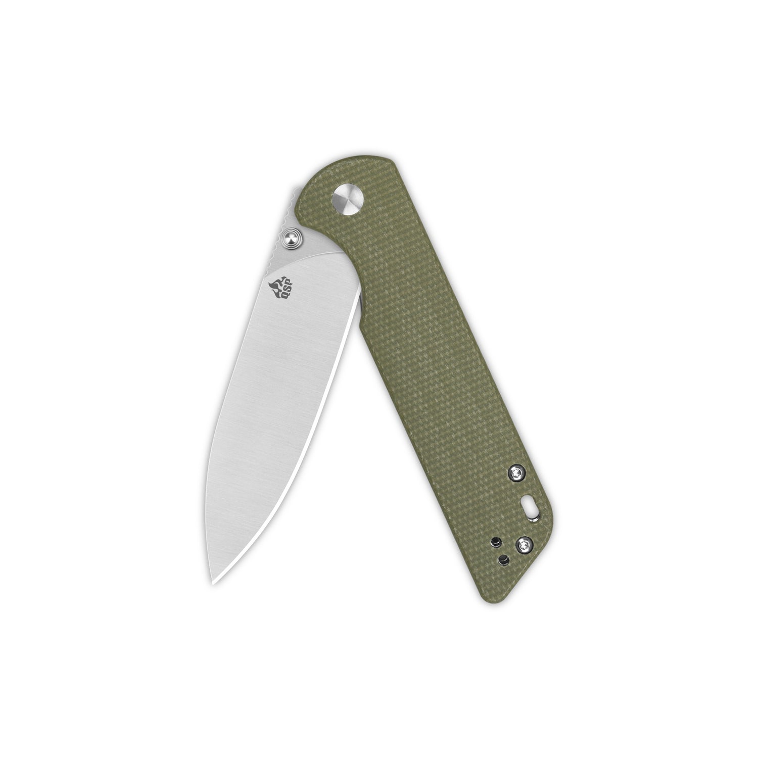 QSP Parrot V2 pocket knife with D2 blade and green micarta handle, open view.