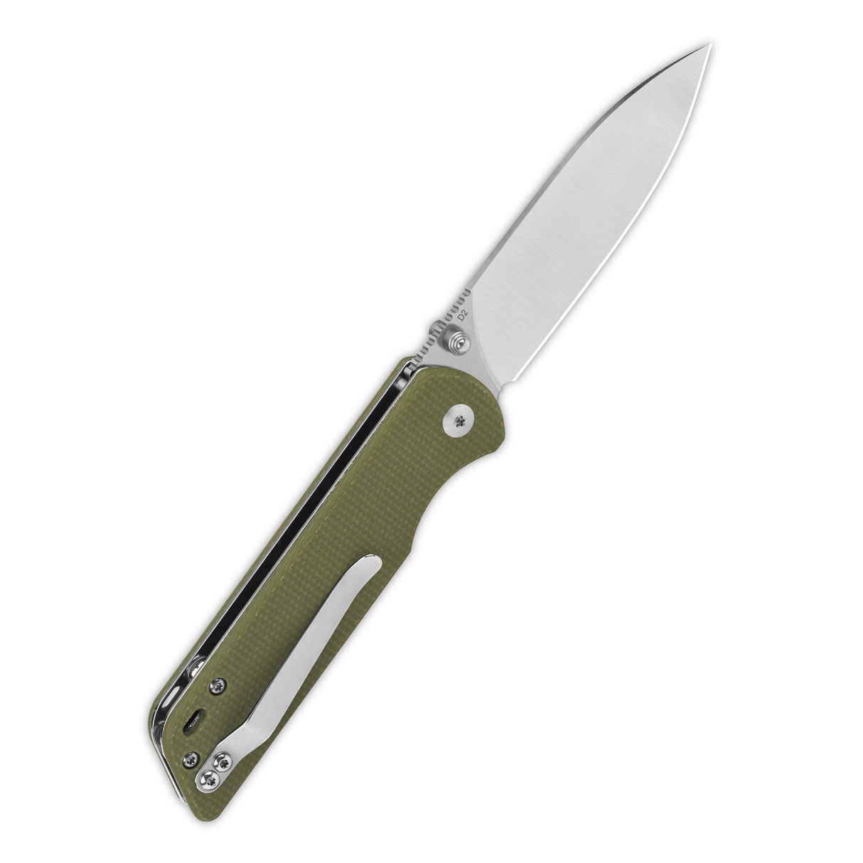 QSP Parrot V2 pocket knife with D2 blade and green micarta handle, open position.