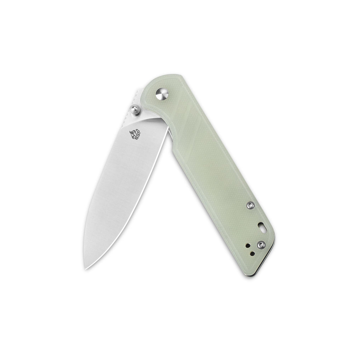 Light green G10 handle QSP Parrot pocket knife with D2 steel blade.