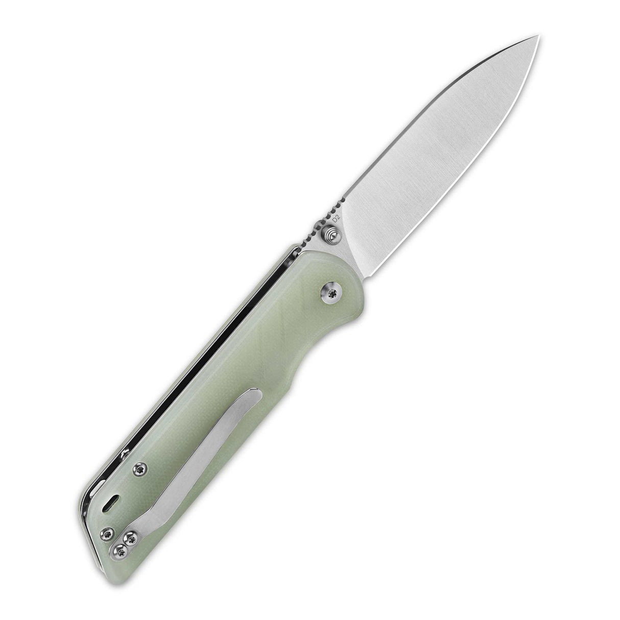 QSP Parrot pocket knife with light green G10 handle and D2 steel blade.