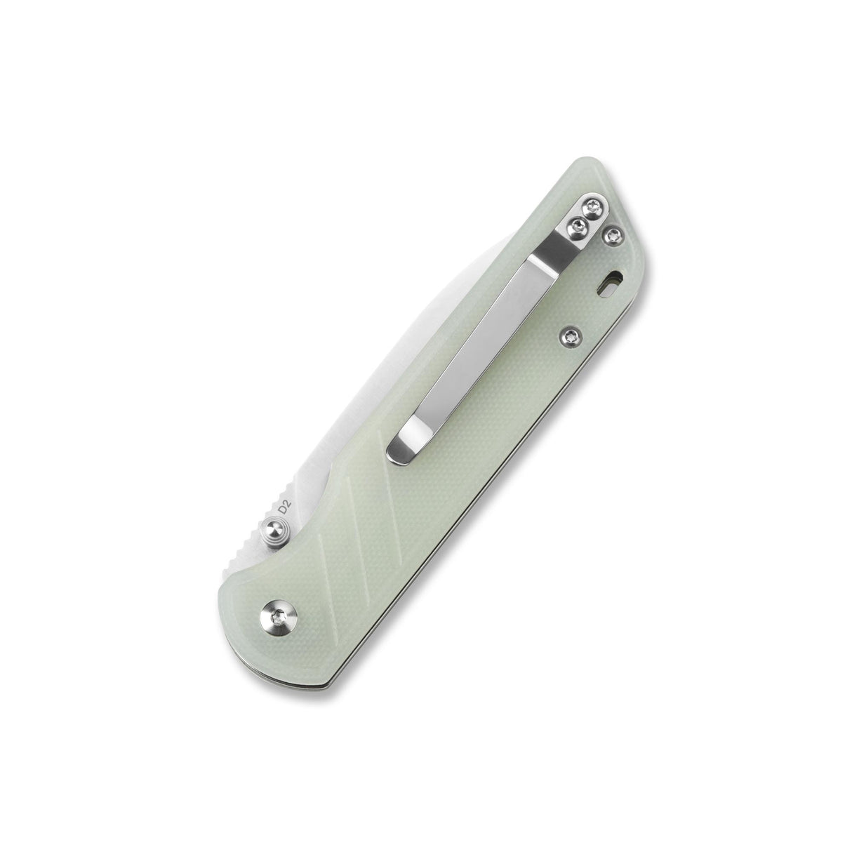 Closed QSP Parrot pocket knife with light green G10 handle and stainless steel clip