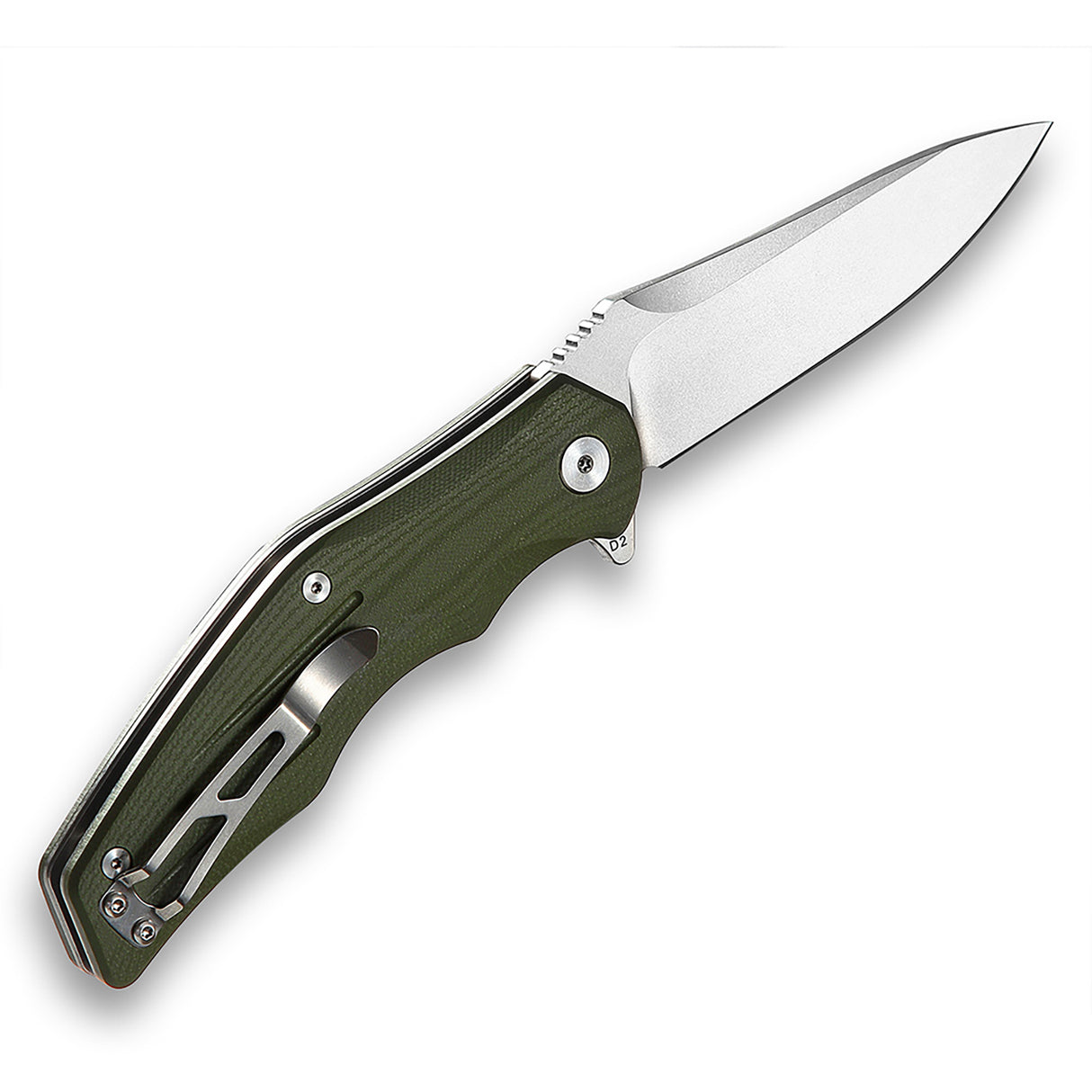 QSP Pangolin pocket knife with green G10 handle and polished D2 blade