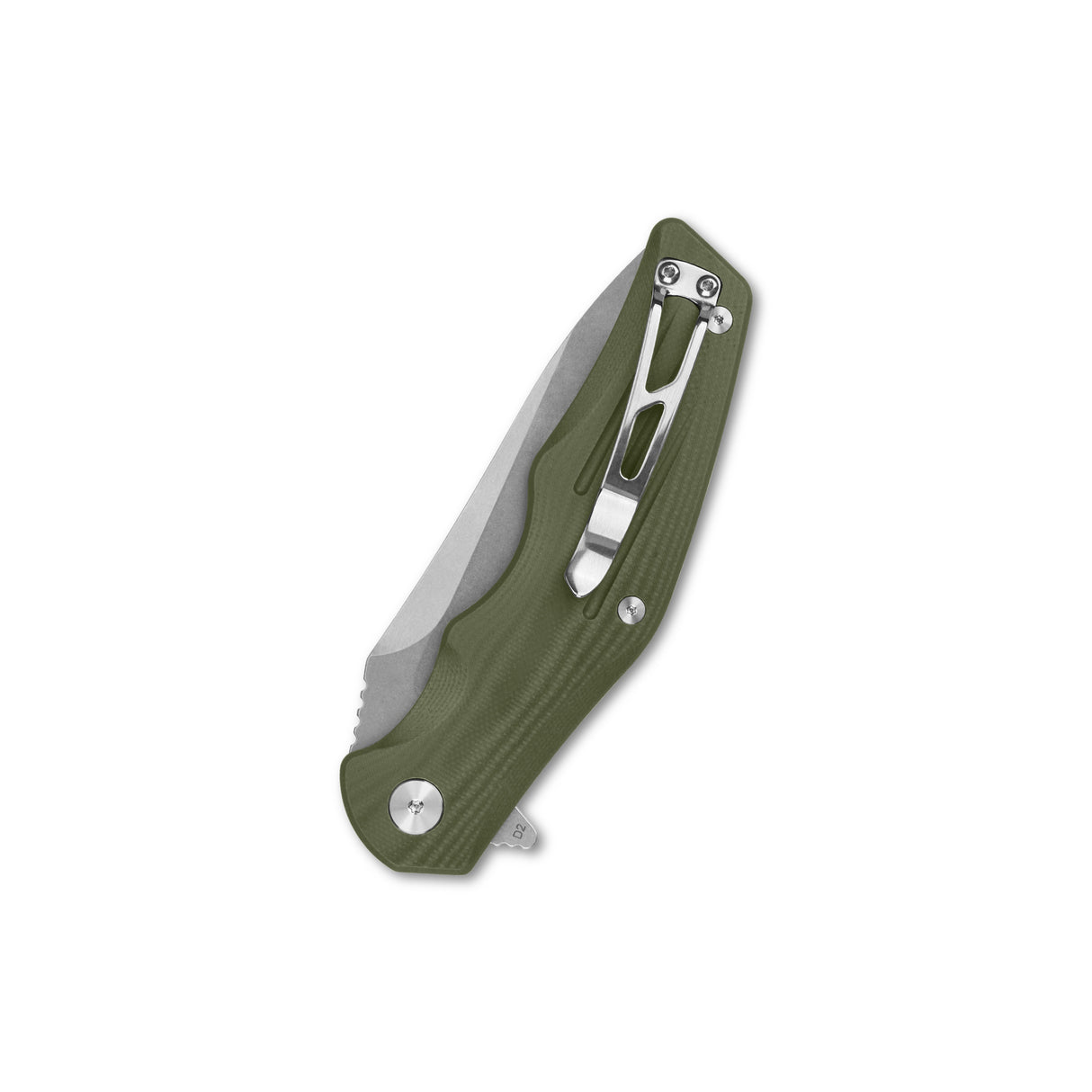 QSP Pangolin pocket knife with green G10 handle and stainless steel D2 blade.