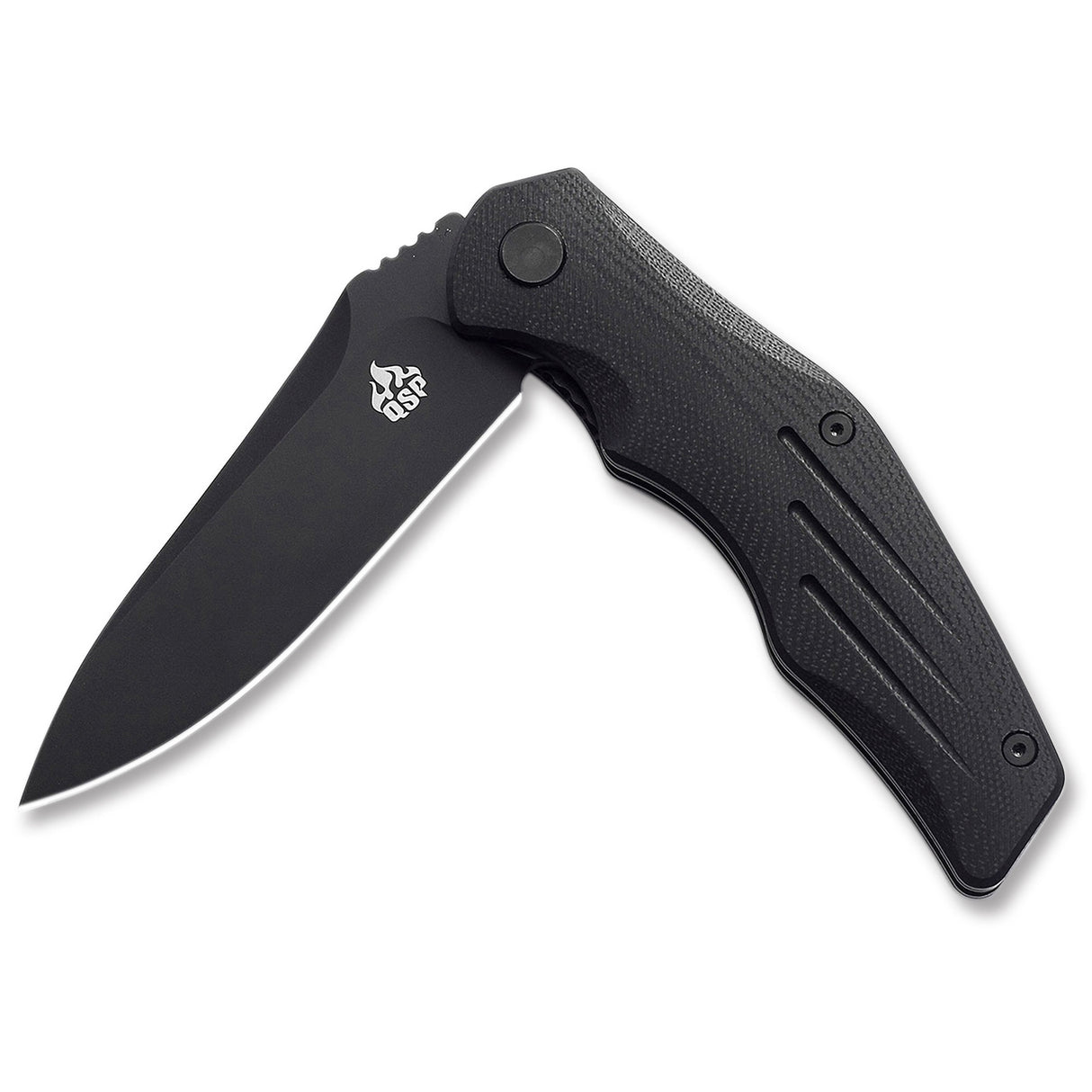 QSP Pangolin pocket knife with black G10 handle and D2 blade in open position.