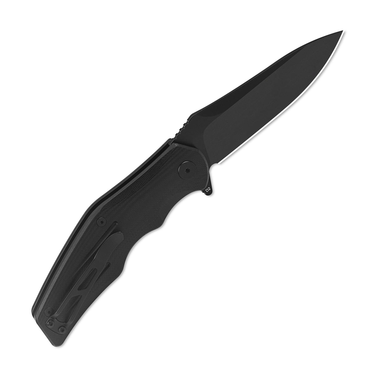 QSP Pangolin pocket knife with black G10 handle and D2 blade in open position.