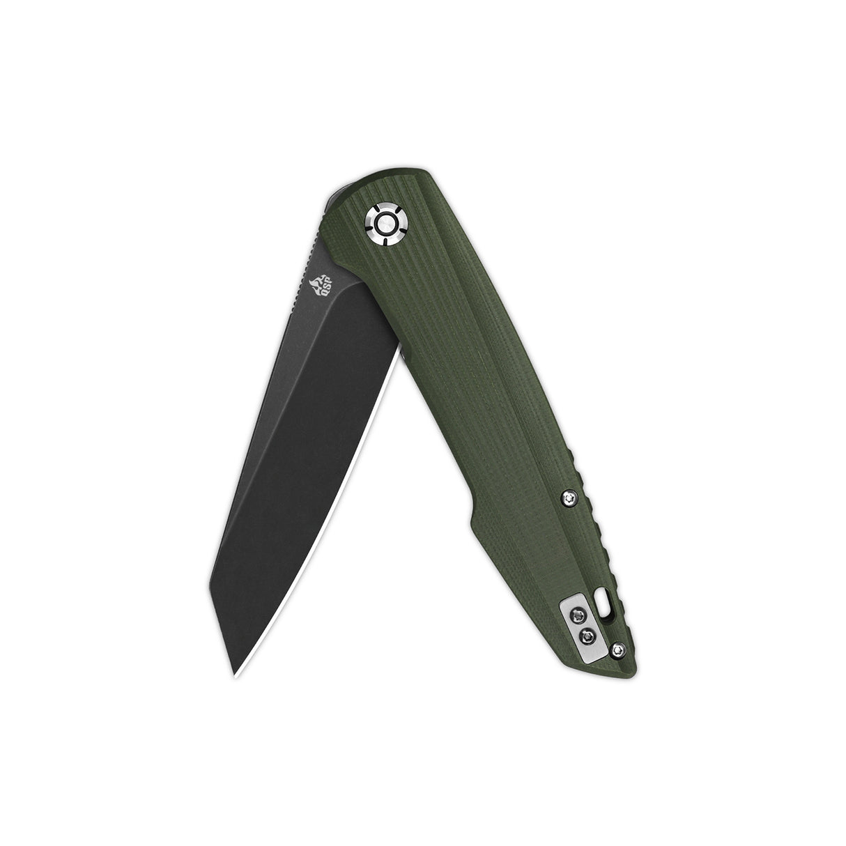 QSP Phoenix Liner Lock Pocket Knife with D2 blade and green textured G10 handle in closed position