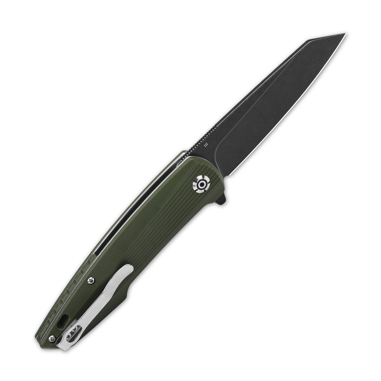 QSP Phoenix pocket knife with D2 blade and green G10 handle in open position