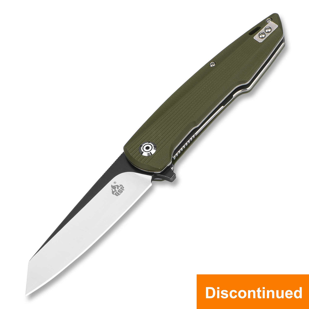 QSP Phoenix pocket knife with D2 blade and green G10 handle, discontinued item