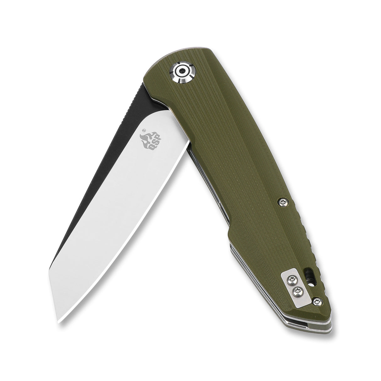 QSP Phoenix pocket knife with D2 blade and green G10 handle in open position