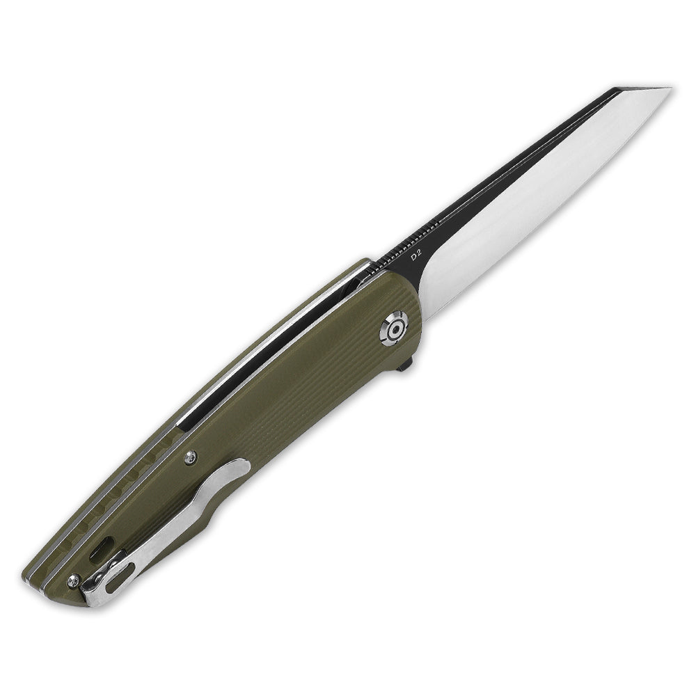 Open QSP Phoenix pocket knife with D2 steel blade and green G10 handle